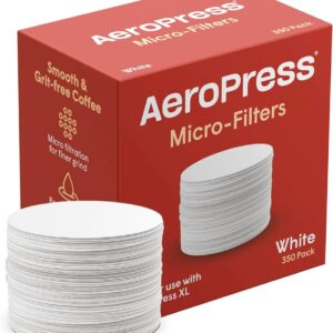 AeroPress Micro-Filters box with 350-pack white paper filters, designed for use with the AeroPress coffee maker.