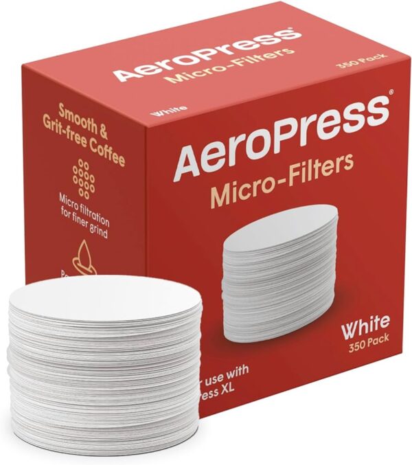 AeroPress Micro-Filters box with 350-pack white paper filters, designed for use with the AeroPress coffee maker.