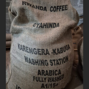 Rwanda Coffee, Cyahinda, Karengera-Kabuga Washing Station, Arabica Fully Washed A1/15," resting in a storage area