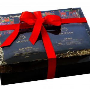 Coffee samples in Christmas hamper 6 bags of 250g coffee, black box red ribbon