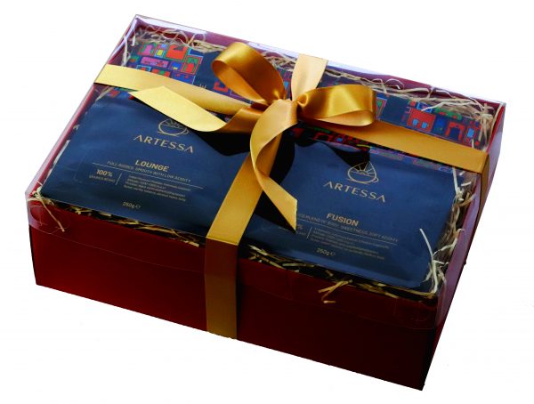 Coffee in Christmas hamper 6 bags of 250g coffee, red box gold ribbon