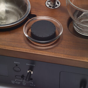 Close-up of the mini fridge on the Barisieur Coffee Maker for storing milk overnight.