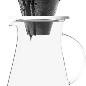 Cerapotta ceramic coffee filter placed on a glass carafe, brewing fresh coffee