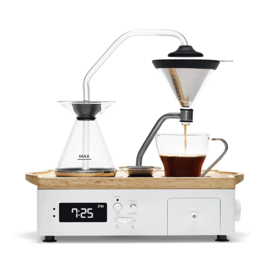 Barisieur Coffee Maker and Alarm Clock brewing coffee with hand-blown glass, stainless steel filter, and built-in milk fridge, designed for single-cup brewing at your bedside