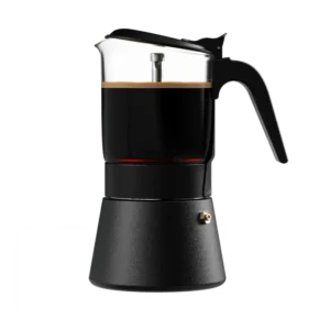 ClearBrew black Moka pot by Joy Resolve brewing coffee with the brewed coffee visible in the top chamber