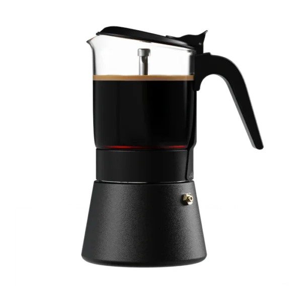ClearBrew black Moka pot by Joy Resolve brewing coffee with the brewed coffee visible in the top chamber