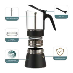 Exploded view of ClearBrew black Moka pot by Joy Resolve showing components like steel transport tube, filter and gasket, and brass safety valve