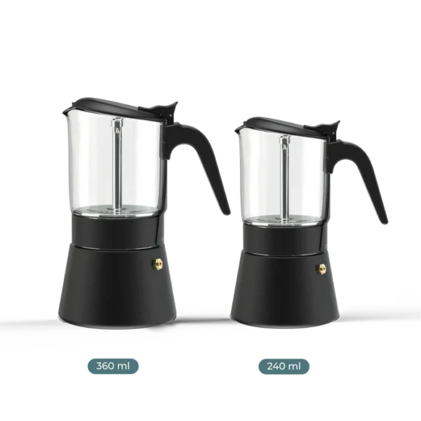 ClearBrew black Moka pot by Joy Resolve in two sizes, 360ml and 240ml