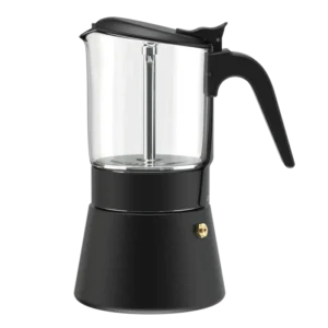 ClearBrew black glass Moka pot by Joy Resolve with transparent upper chamber and ergonomic handle