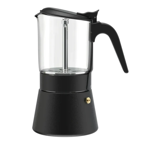 ClearBrew black glass Moka pot by Joy Resolve with transparent upper chamber and ergonomic handle