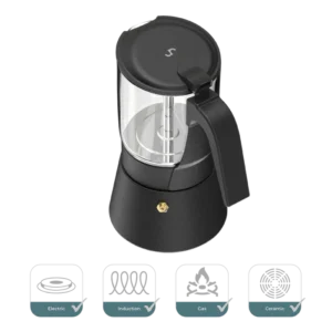 ClearBrew black glass Moka pot by Joy Resolve, compatible with electric, induction, and gas stovetops