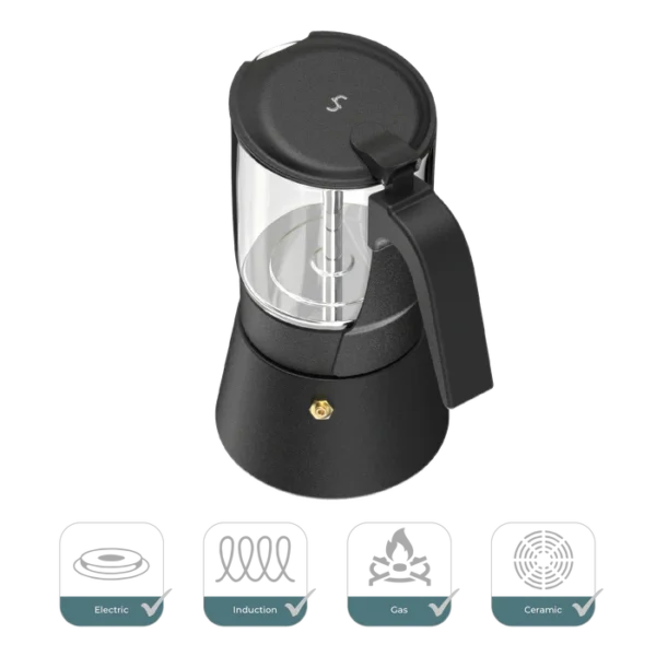 ClearBrew black glass Moka pot by Joy Resolve, compatible with electric, induction, and gas stovetops