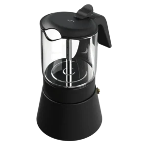 ClearBrew black Moka pot with glass chamber and ergonomic handle, angled view