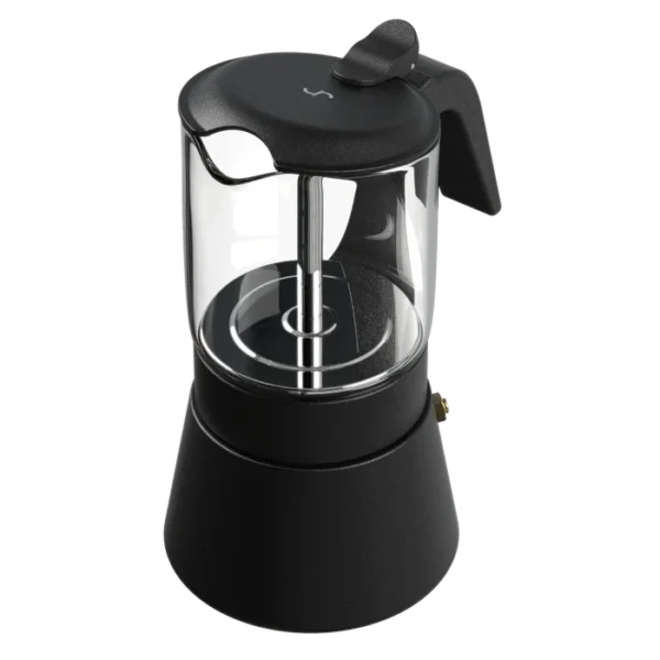 ClearBrew black Moka pot with glass chamber and ergonomic handle, angled view