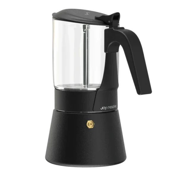 Side view of ClearBrew black Moka pot by Joy Resolve with transparent glass chamber and black handle