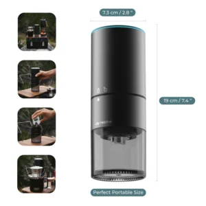 Dimensions and portability of the Groove Compact Electric Grinder by Joy Resolve with outdoor use examples