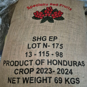 Bag of specialty grade Honduras coffee labeled SHG EP, Lot N-175, with red coffee cherries logo, crop year 2023-2024