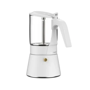 ClearBrew white Moka pot by Joy Resolve with transparent glass chamber and white handle