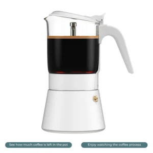 ClearBrew white Moka pot by Joy Resolve brewing coffee with the coffee visible in the upper chamber