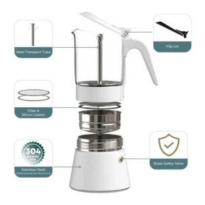 Exploded view of ClearBrew white Moka pot by Joy Resolve showing components like steel transport tube, filter and gasket, and brass safety valve