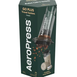 Aeropress Go Plus Travel System in cream color - complete coffee brewing kit in compact packaging